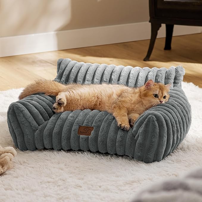 Bedsure ComfyFleece Cat Couch for Pets - Fluffy Cat Sofa with Premium Soft Corduroy Fleece, Fuzzy Pet Couch Bed with Removable Washable Cover, Supportive Pet Chair for Indoor Cats, 24inch, Warm Grey