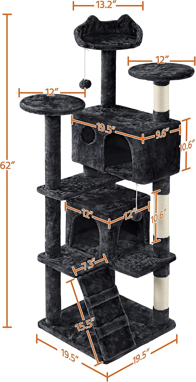 Yaheetech 62in Cat Tree Cat Tower for Indoor Kitten, Pet Furniture w/Double Condo, Scratching Posts, Multiple Platforms and Balls for Kittens, Black