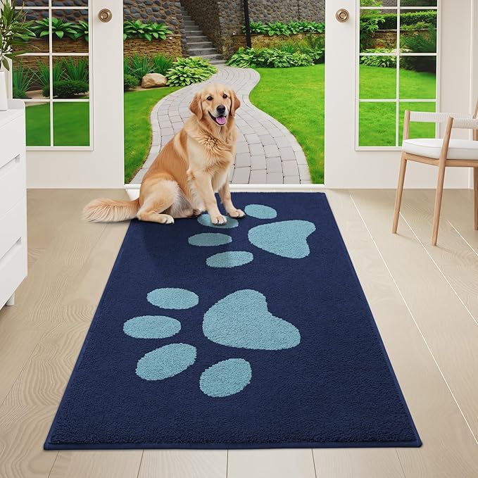 Buganda Dog Door Mat for Muddy Paws, Absorbent Dirt Trapper Washable Indoor Doormats, Non Slip Low-Profile Mud Mat for Dogs, Front Entrance Doormat for Inside Floor (47x24 Inches, Dark Blue)