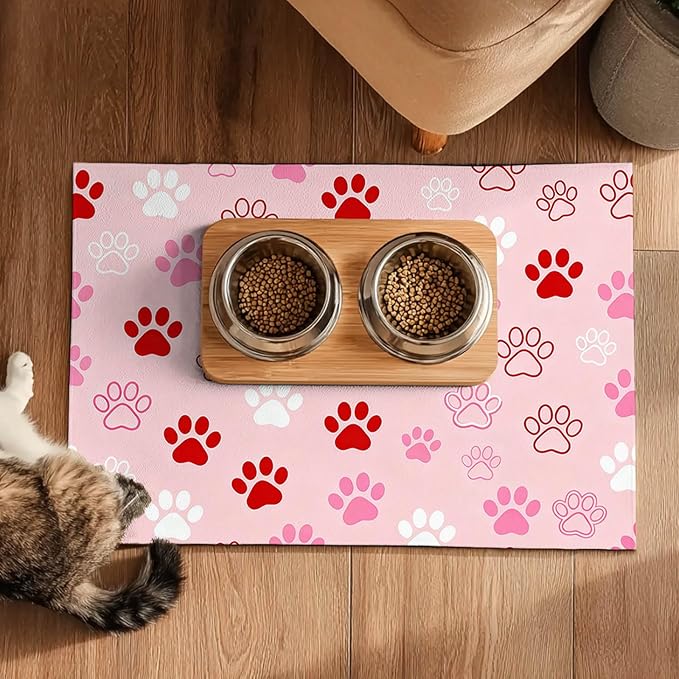 Puppy Paw Print Pet Feeding Mat 24x16 Inch Cute Pet Feeding Area Mat Pet Food Mat Pet Mats for Food and Water Dog Mat for Food and Water Indoor Feeding Corner Kitchen Floor Decor