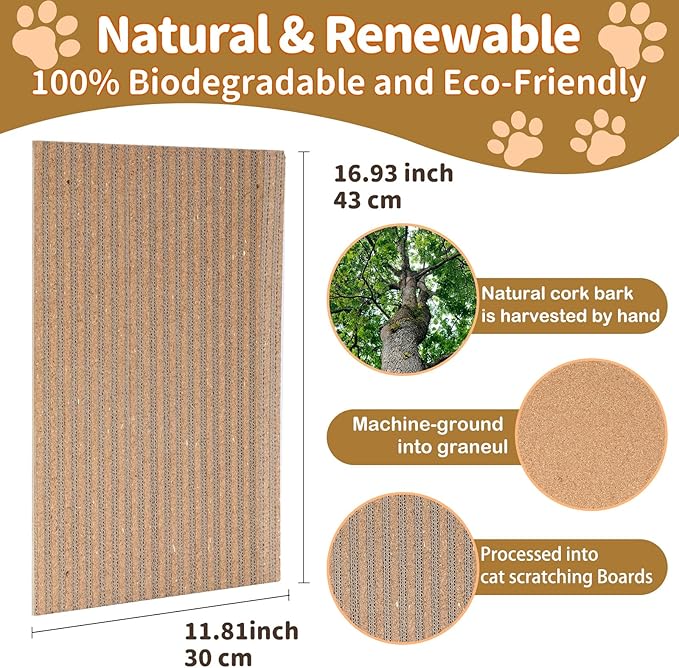 Natural Cork cat Scratch pad for Cats-cat Scratching Posts-cat scratchers for Indoor Cats-cat Scratcher Furniture for Wall & Floor - Natural Cork & Cardboard Blend, No Mess Splinters Easy Clean-2-Pack