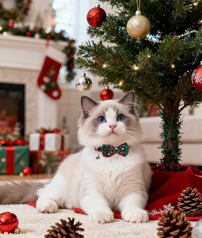 Joytale 2 Pack Christmas Cat Collar with Bells, Breakaway Cat Collars with Bow Tie, Girl Boy Safety Plaid Kitten Collars, Christmas Red+Green