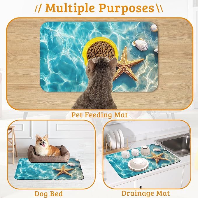 Starfish Shells Dog Cat Food Mat,Sea Beach Absorbent Waterproof Placemat for Food and Water Non Slip Rubber Backing Durable Feeding Pad for Clean Floors 12" x 20"