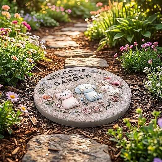 Garden Stepping Stones Outdoor, 9.8" Resin Pet Cat Dog Bunny Stepping Stone for Walkway Gardening Gifts, Spring Decorative Round Welcome to Our Garden Home Decor for Outside Yard Patio Lawn