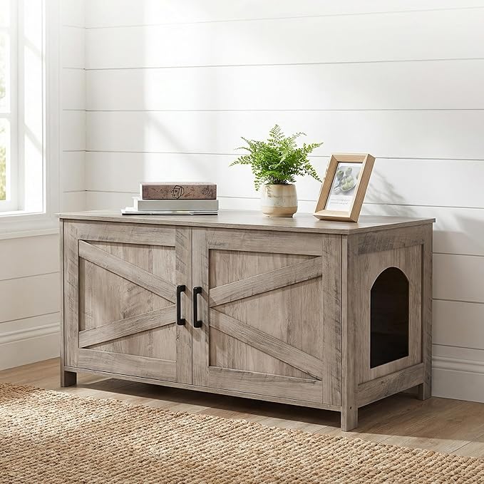 Homhedy 39.4" L Cat Litter Box Enclosure, Pet House with Barn Door, Wooden Cat Washroom Furniture, Fit Most of Litter Box, Greige