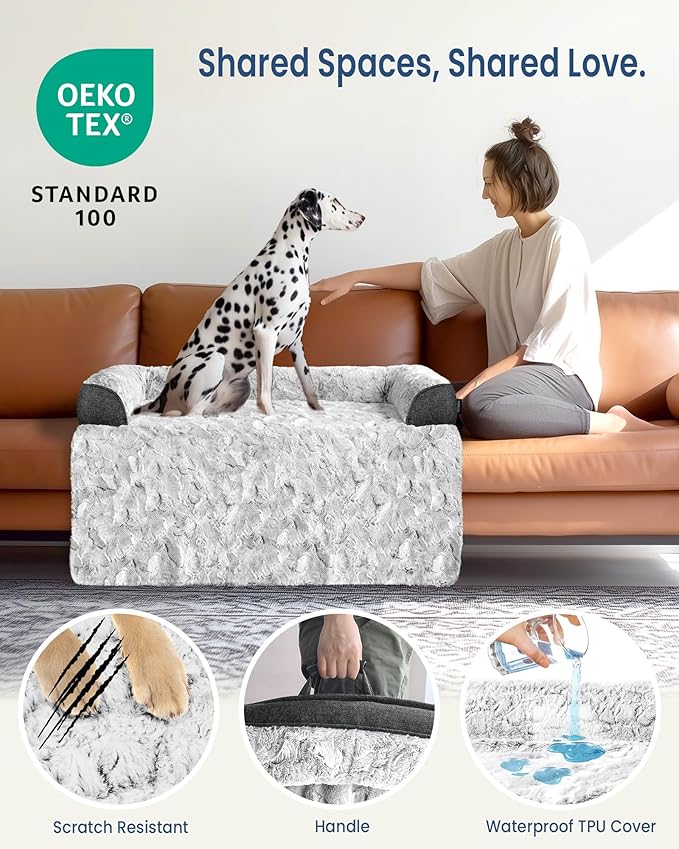 Calming Large Dog Bed for Couch, 41 x 37 inch Removable Couch Cover for Dogs Washable, Non-Slip Fluffy Plush Dog Sofa Mat for Furniture Protector - Grey