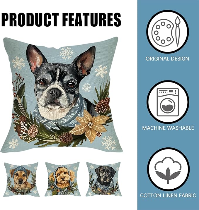 Fahrendom Winter Dogs Decorative Throw Pillow Covers 18 x 18 Set of 4, Boston Terrier Labrador Goldendoodle Porch Outdoor Pillowcase Pet Owner Lover Gifts, Christmas Sofa Couch Cushion Case Home Decor