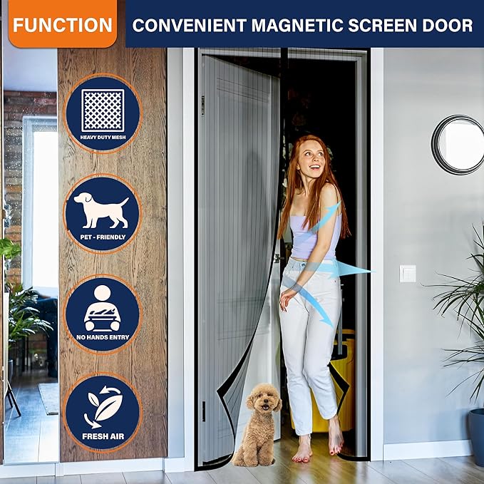 Magnetic Screen Door,Screen Door Mesh,Keep Bugs Out, Easy Install Works with Front Doors, Sliding Doors,Fit Door Size 36 x 82 Inches