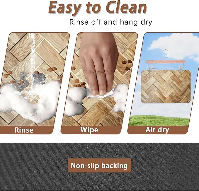Vintage Wooden Dog Cat Food Mat,Boho Absorbent Pet Feeding Mat for Food and Water,Non-Slip Dog Bowl Mats Floor Protector 12"x20"