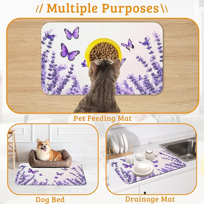 Pet Feeding Mat,Lavender Butterfly Absorbent Dog Cat Food Mat Purple Dog Mat with Rubber Backing,Non-Slip Water Bowl Placemat,Pet Supplies 16" x 24"