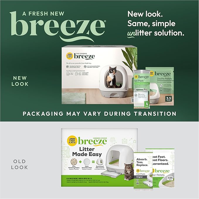 Purina Tidy Cats Breeze Covered Cat Litter Box System Kit with Pellet Cat Litter, Hooded Litter Box, and Litter Box Pads