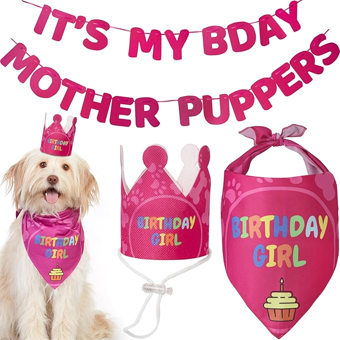 Dog Birthday Party Supplies - Bday Decoration Set - Birthday Girl Bandana for Medium, Large Dogs, Party Hat, Crown and Cute Banner with It's My Birthday Mother Puppers Sign