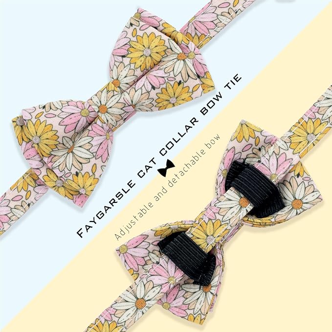 Faygarsle 2 Pack Floral Cat Collar Set with Bandana and Bow Tie, Pink and Yellow Daisy Pattern, Breakaway Safety Buckle