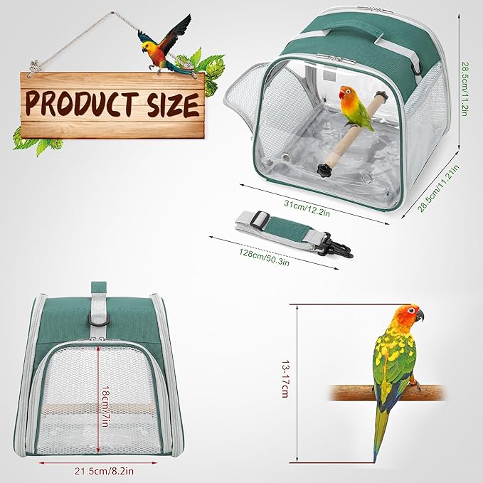 Suertree Small Bird Carrier, Large Window Travel Cage with Stand and Easy Clean Tray for Parrot Parakeet Cockatiels, Lightweight and Portable, Green