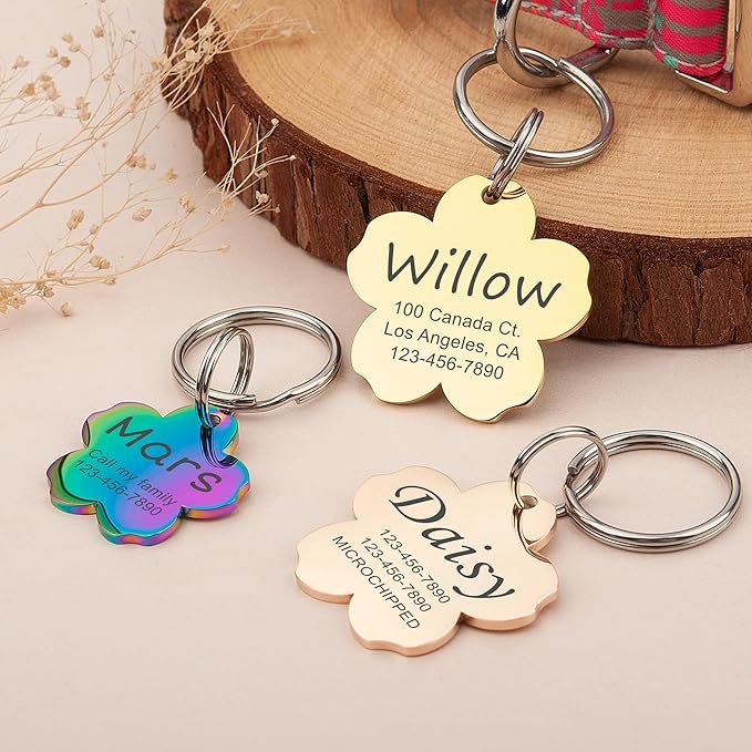 Anavia Personalized Pet ID Tags, Stainless Steel Glossy Laser Engraved Dog Cat Collar Name Tags, Multiple Colors Shapes Sizes (Cherry Blossom, Small)