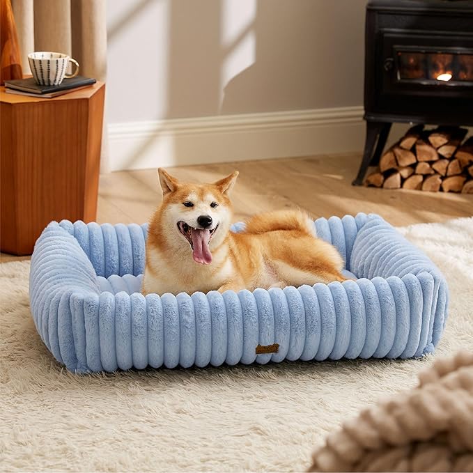 Bedsure ComfyFleece™ Washable Dog Bed for Medium Dogs - Cute Furry Puppy Beds, Rectangle Orthopedic Corduroy Fleece Pet Beds with Removable Zipper Cover, 30x24x8inches, Blue