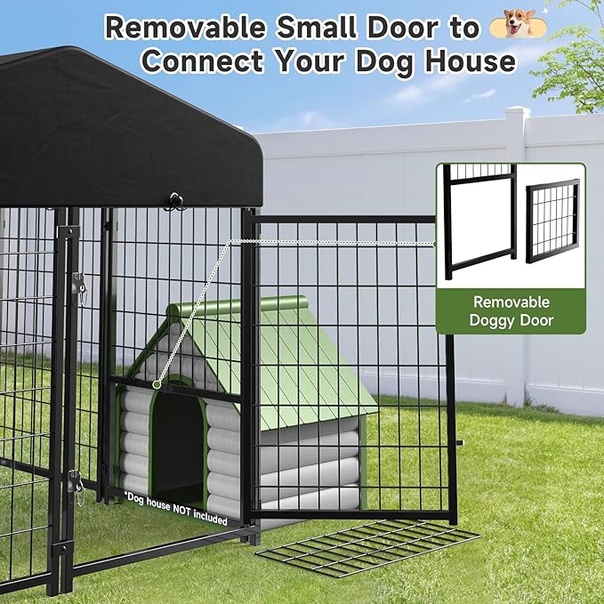 Dog Kennel Outdoor, Outside Dog Kennel with Roof & Removable Doggy Door Allow Connecting Your Dog House, Square Pet Enclosure Dog Run Yard for Medium/Small Dogs(4'L x 4'W x 4.6'H)