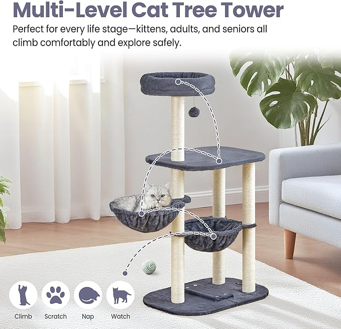 Small Cat Tree Tower with Lots of Scratching Posts - 42 Inch Medium Compact Cats Scratch House with Hammock Perch for Multi Level 2 Kitty - Indoor Corner Cat Bed Condo Climbing Gym Towers Furniture