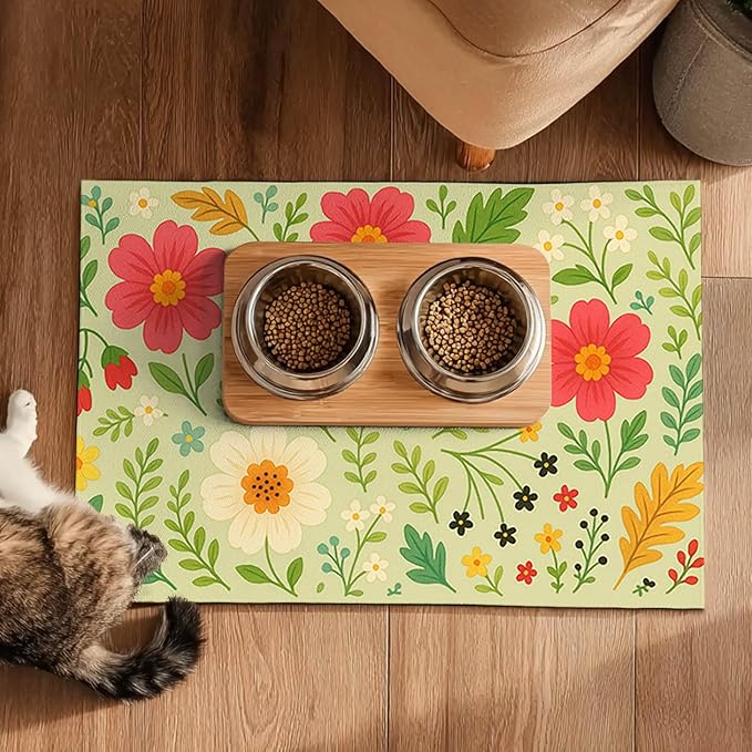 Absorbent Pet Feeding Mat Floral Design for Dogs and Cats Food Water Bowl Mat Easy to Clean Pet Food Mat for Kitchen Area Home Decor 24 x 16 Inches Anti Slip Dog Bowl Mat Pet Placemat