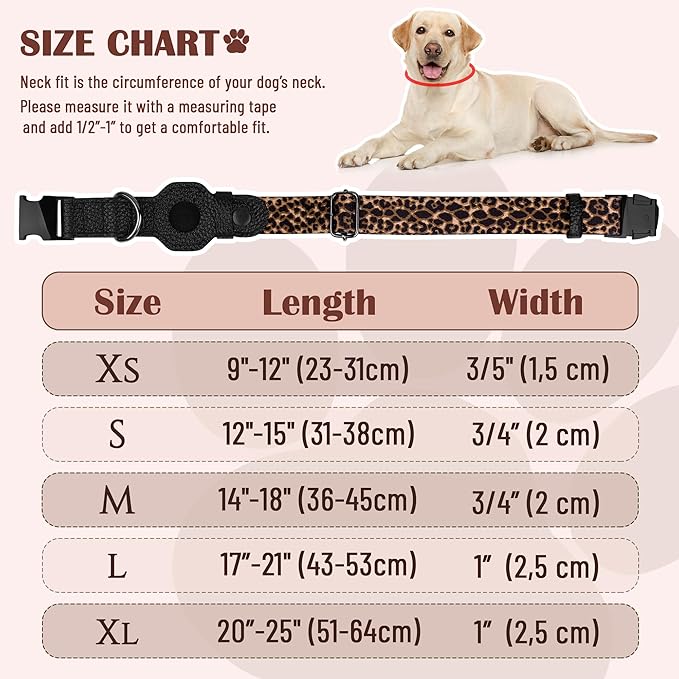 AirTag Dog Collar for Small Medium Large Breed - Adjustable Cute Pattern Dog Collar with Airtag Holder - Soft Leather Tracker GPS Apple Air Tag Pet Collars (X-Large, 20"-25" Neck Fit, Leopard)