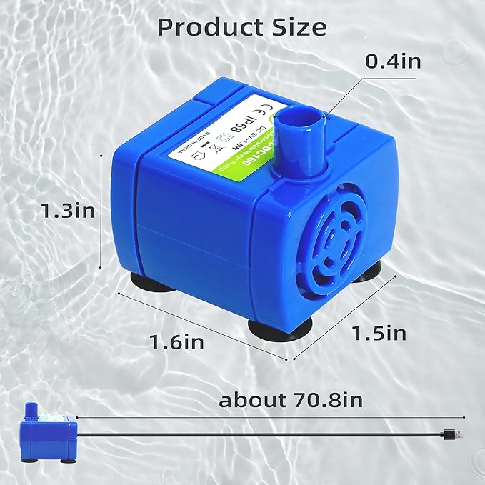 IP68 DR-DC160 Submersible Water Pump Cat Water Fountain Pump for Tritone Ceramic, Stainless Steel, Round Flower Cap Cat Fountains, Automatic Pet Water Dispenser Replacement Pump (No LED & with Brush)