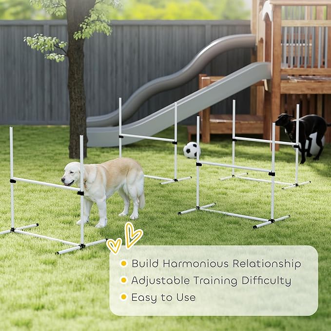 PawHut 4 Piece Dog Agility Training Equipment for Dog Agility Course with Adjustable Height Jump Bars, Included Carry Bag, & Displacing Top Bar, White