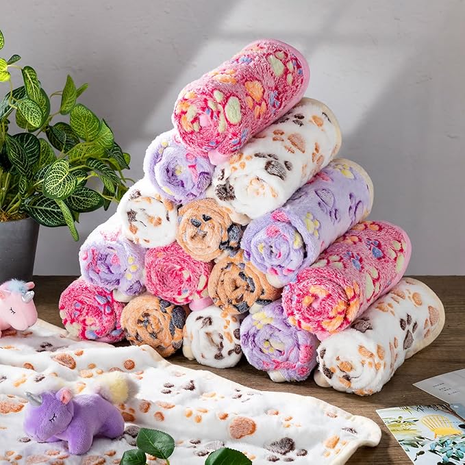 Chumia 40 Pcs Blankets Soft Fluffy Fleece Washable Pet Dog Sleep mat Paw Print Pattern Fleece Blankets for Pets Throw Warm Bed Mat for Dog Puppy Cat (24 x 16 Inch,Pink, White, Brown, Purple)