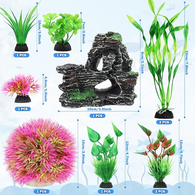 Fish Tank Accessories Aquarium Plants, 10pcs Colorful Fish Bowl Ornaments Plants and Rock Cave Decor Set, Aquarium Decor