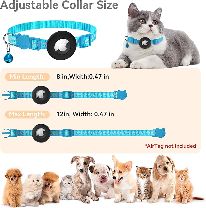 Vanjua 2 Pack Airtag Cat Collar Breakaway with Bell, Reflective Kitten Collar with Air Tag Cat Collar Holder Case for Girl Boy Cats, Pet Supplies Accessories (Black B+Blue B)