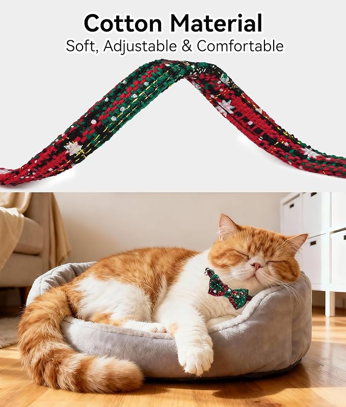 Joytale Upgraded Christmas Cat Collar with Bells, Breakaway Cat Collars with Bow Tie, 1 Pack Girl Boy Safety Plaid Kitten Collars, Christmas Green