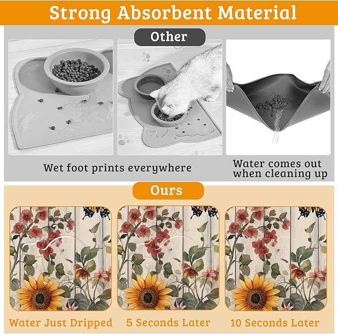Pet Feeding Mat,Vintage Flower Absorbent Dog Cat Food Mat Rustic Wooden Dog Mat with Rubber Backing,Non-Slip Water Bowl Placemat,Pet Supplies 12" x 20"