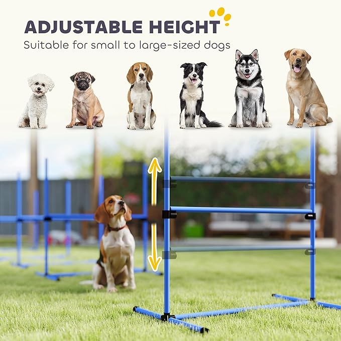 PawHut 4 Piece Dog Agility Training Equipment for Dog Agility Course with Adjustable Height Jump Bars, Included Carry Bag, & Displacing Top Bar, Blue