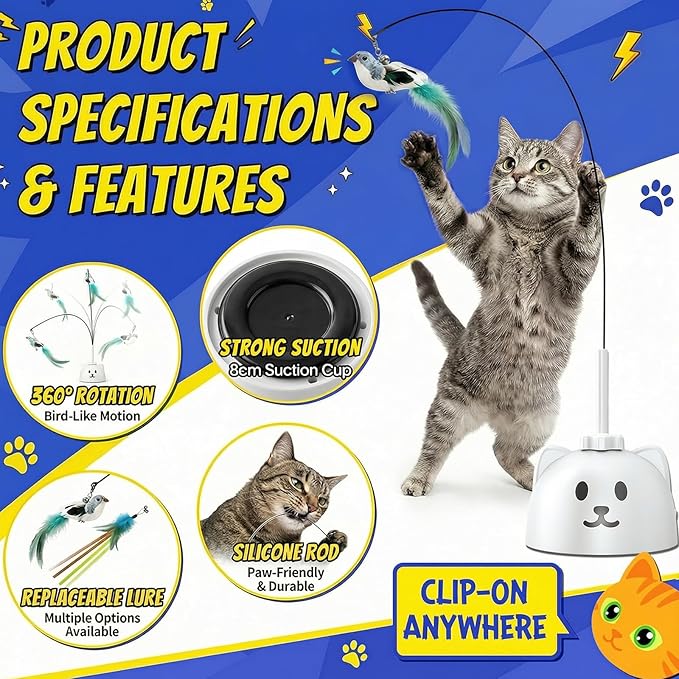 Interactive Cat Toys for Indoor Cats - Automatic Flying Bird Feather Toy, USB Rechargeable Electric Cat Teaser with Strong Sticky Base, Smart Motion Self-Play Toy for Bored Cats(Yellow)