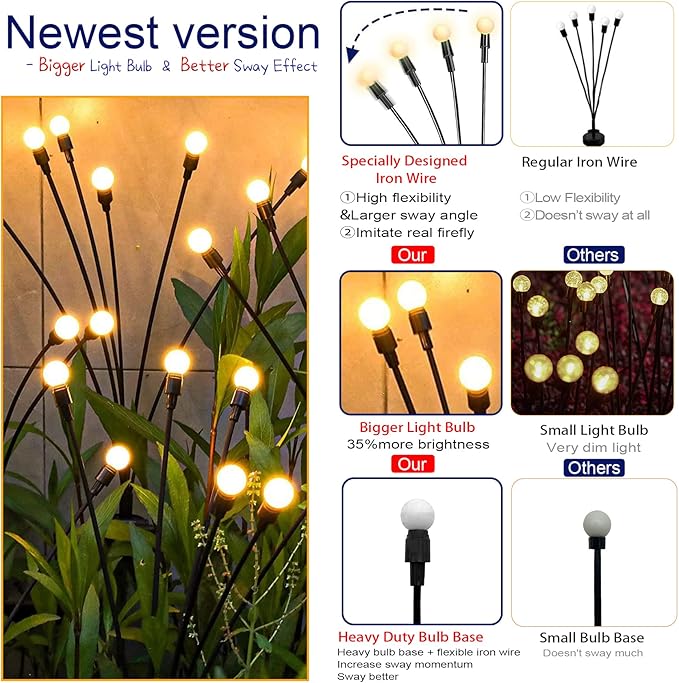 TONULAX Solar Garden Lights - Upgraded Solar Swaying Light, Sway by Wind, Outdoor Lights, Yard Patio Pathway Decoration, High Flexibility Iron Wire & Heavy Bulb Base, Warm White(10 Pack)