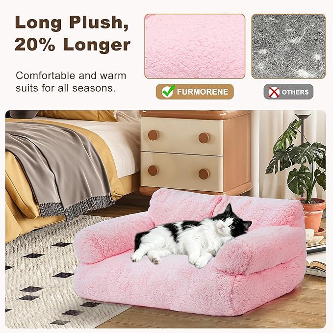 Large Cat Beds for Indoor Cats, Dog Couch Bed, Cute Cat Couch Sofas for Less 20lbs Kitten Puppy, Small Dog Sofas & Chairs with Removable Washable Cover, Soft Warm Pet Furniture, Light Pink
