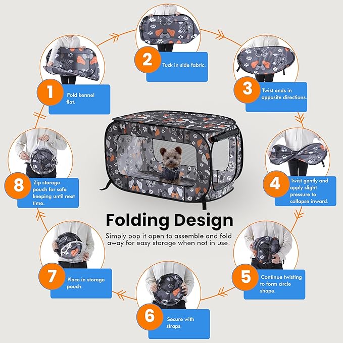 Beatrice Home Fashions Portable, Collapsible, Pop Up Kennel Travel Cat and Dog Crate, 24" L x 16.6" W x 16" H, Face of Love