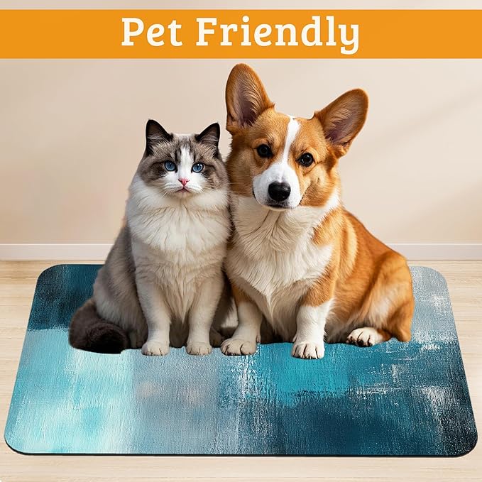 Pet Feeding Mat,Art Painting Absorbent Dog Cat Food Mat Grey Blue Dog Mat with Rubber Backing,Non-Slip Water Bowl Placemat,Pet Supplies 16" x 24"