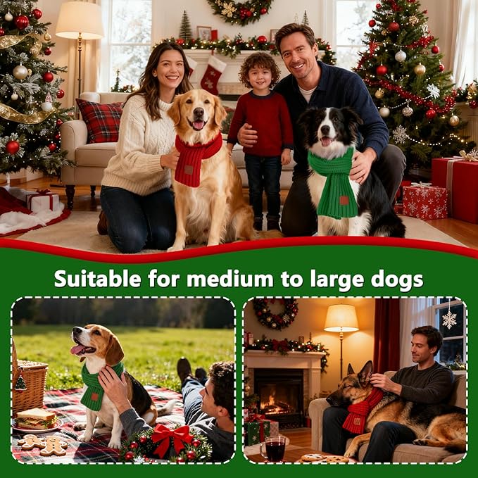 BWOGUE 2-Piece Winter Dog Knitted Scarf & Dog Neck Warm Bandanas with Red and Green Patterns for Medium/Large Dogs - Winter Warm Holiday Scarf Pet Accessories (Red, Green)