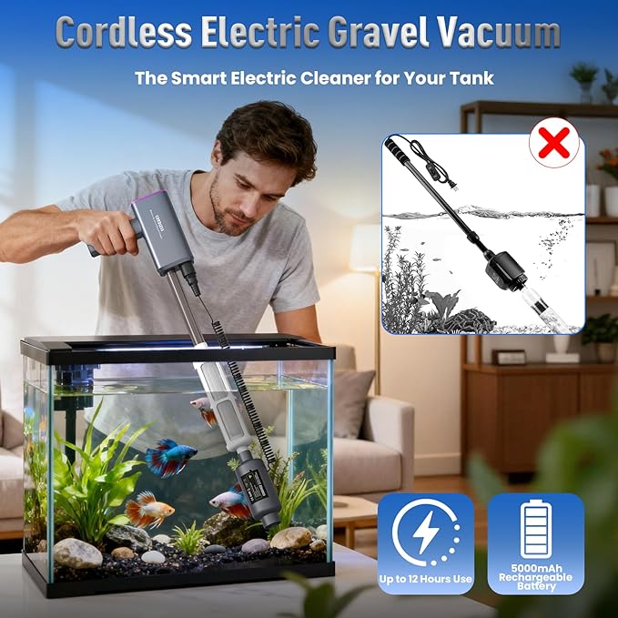 Electric Aquarium Vacuum Gravel Cleaner: Rechargeable Fish Tank Cleaner with 4 Adjustable Suction, Anti-Clog for Debris Clean & Sand Washing,Automatic Water Changer with 12V Safe for Small/Large Tank