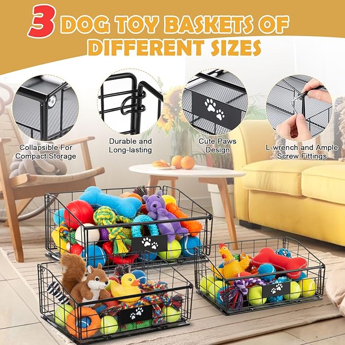 Mimorou 3 Pack Metal Dog Toy Baskets Multi-sized Foldable Dog Toy Bins Box Storage Container Organizer for Living Room Area Decorative Pet Accessories Coat Clothing Storage Holder Baskets(Black)