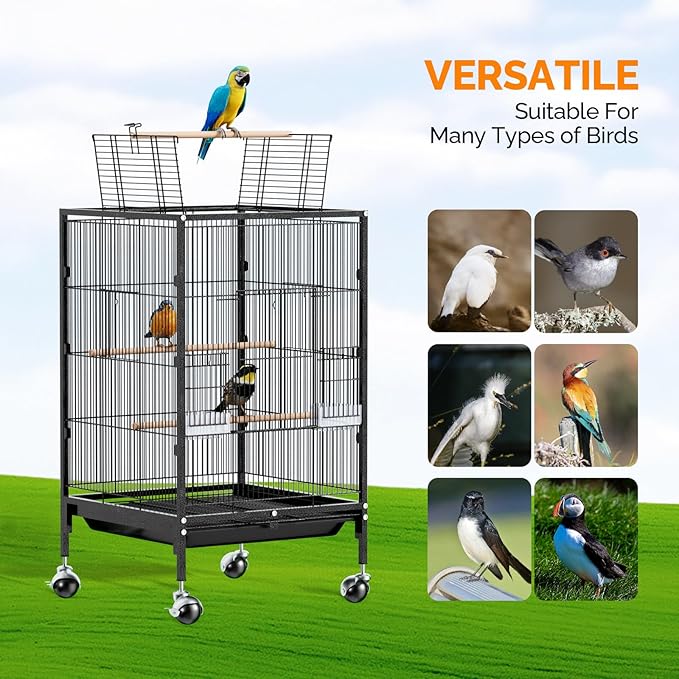 VINGLI Bird Cage with Wheels, Durable Wrought Iron Parakeet Cage with Slide Out Tray, Black Bird Cages for Parakeets/Lovebird/Cockatiels/Budgies and Other Small/Medium Birds (Medium-38 inch)