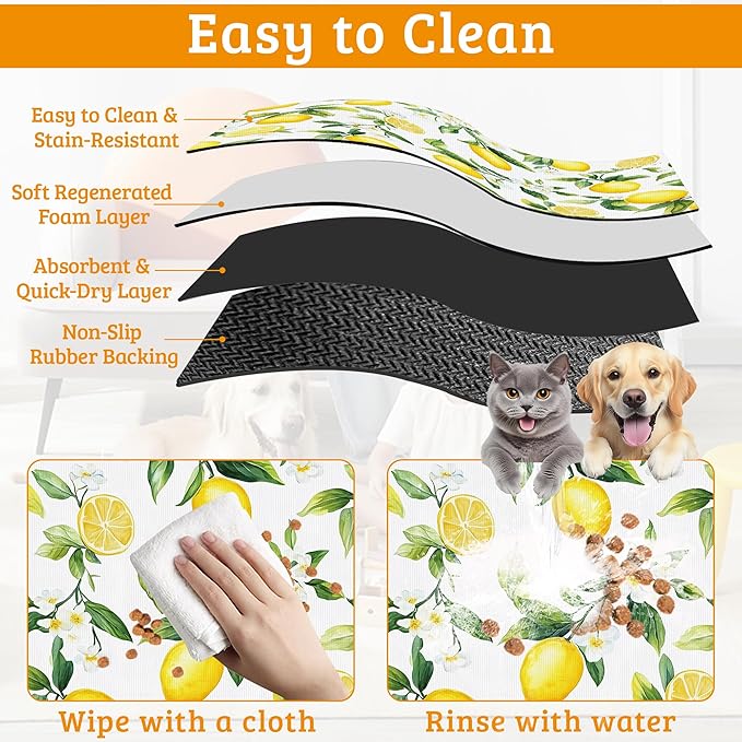 Lemon Feeding Mat,Green Leaves Absorbent Quick-Dry Cat Dog Food and Water Bowl Mats,Non-Slip Rubber Backing Mat,Cat Dog Accessories Supplies 16" x 24"