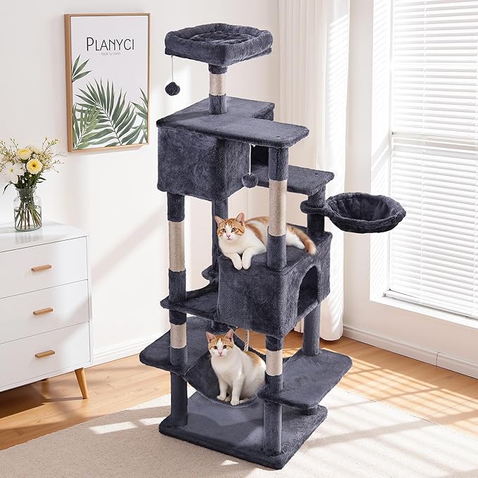 Cat Tree for Indoor Cats, 66 Inches Cat Tower with Scratching Post, Multi-Level Climbing Tree Cat House Padded Plush Perch, Cat Condo Activity Center with Pompoms, Kittens Pet Play House, Dark Gray