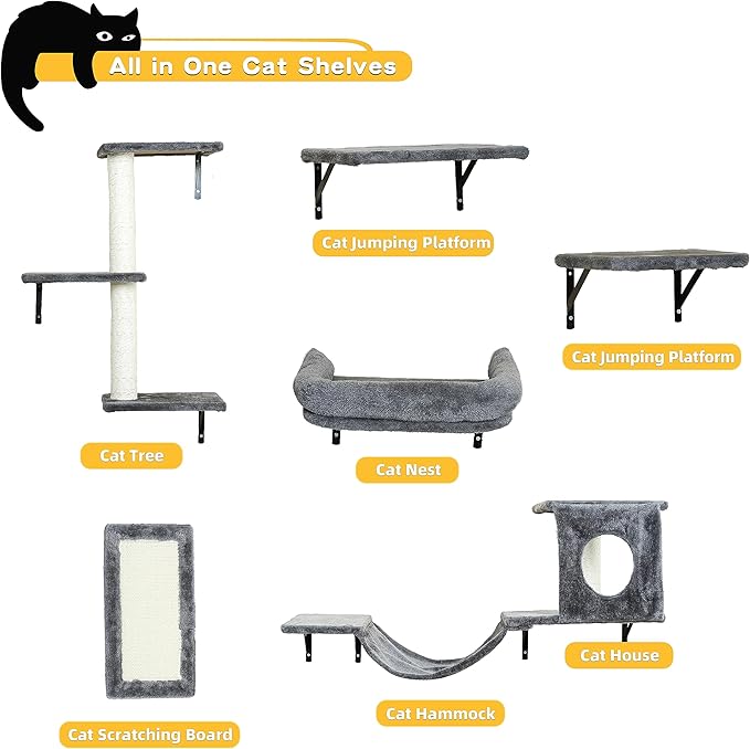 NUNU LAB Wall Mounted Cat Furniture Set - 6 Pcs Climber Set with House, Bridge, Steps, Scratcher Board - DIY Walls Playground, Indoor Cat Shelves - Dark