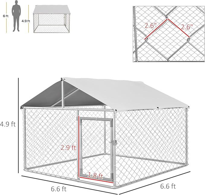 PawHut Outdoor Dog Kennel, Heavy Duty Dog Run Outdoor Fence with Waterproof Cover, Galvanized Chain Link, Secure Lock, for Large Breeds, Chickens, Ducks, 6.5' x 6.5' x 5'