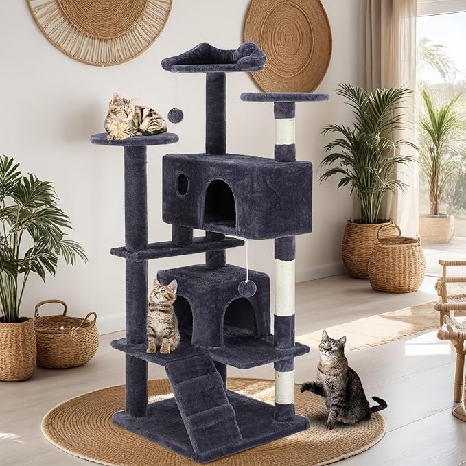 54 Inches Cat Tree Tower Condo Furniture, Multi-Level Cat Tower Condo Activity Center for Indoor Cats, Climbing Tree Cat House Padded Plush Perch, Kittens Pet Play House with Pom-pom, Pink