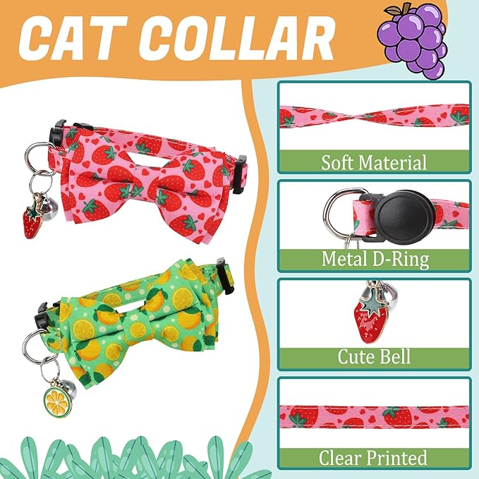 6 Pack Breakaway Cat Collars with Bow Tie and Bells Fruit Pendants Adjustable Safety Kitten Collar Fruit Cat Collar with Bell Ideal for Girl Boy Cats