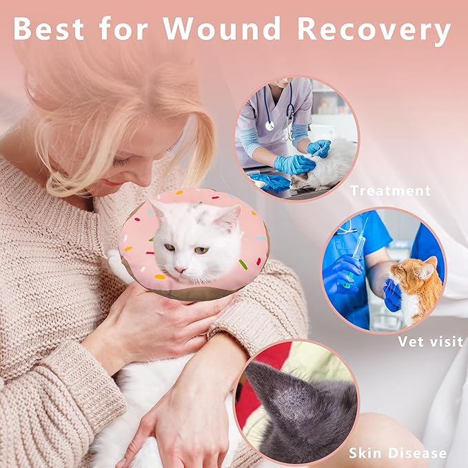Cat Cone Collar Soft, Adjustable Cat Recovery Collar Kitten Cones to Stop Licking, Cute Donut E Collar After Surgery, Cats Neck Pillow Cone Elizabethan Cones of Shame (Waterproof Pink, Medium)