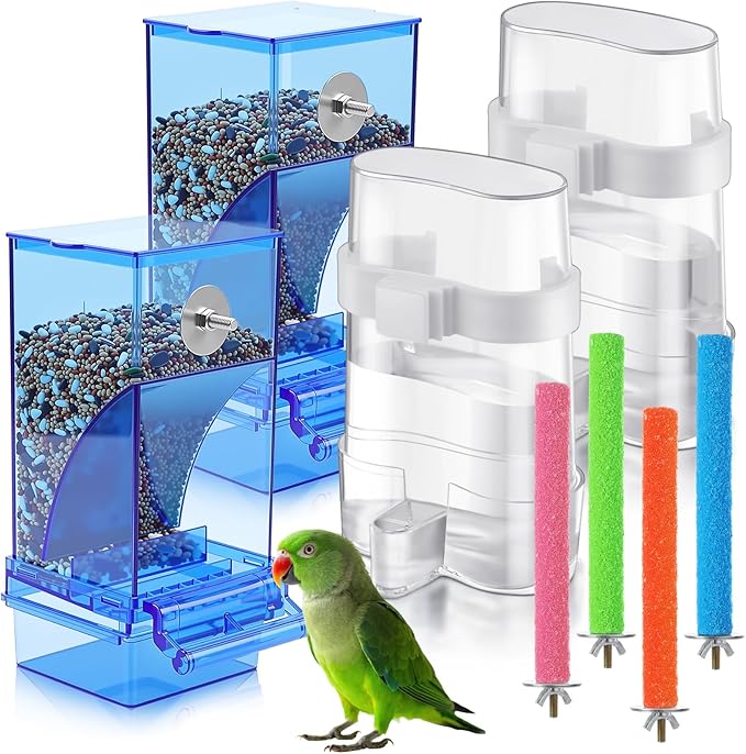 Yaomiao 8 Pcs No Mess Small Bird Feeders with 4 Pcs Cage Perch Automatic Drinker Parakeet Seed Dispenser Quail Feeder and Watered Cage Accessories for Small Birds Parrot Cockatoo Canary(Blue)