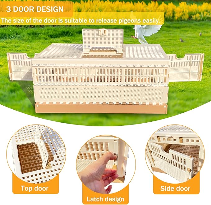 Folding Pigeon Cage Racing Pigeons Travel Cage Pairing Cage Plastic Three Doors Nest Box for Training and Release, Competition(L)